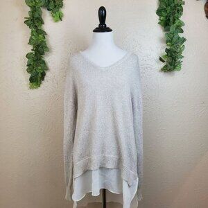 Nine West V Neck Gold Metallic Lace Trim Sweater Medium Holiday Festive NYE